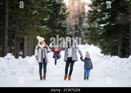 Padre e madre con due bambini piccoli nella natura invernale, camminando nella neve. Foto Stock