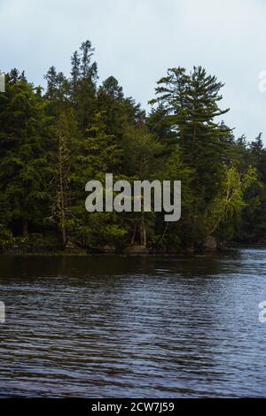 Un lago fiancheggiato da alberi in una giornata buia a Lake Placid, NY Foto Stock