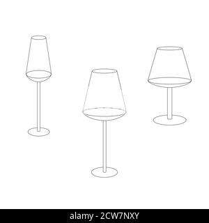 Schizzo di un set di bicchieri per vino, champagne, cognac. Isolato su sfondo bianco. Illustrazione Vettoriale