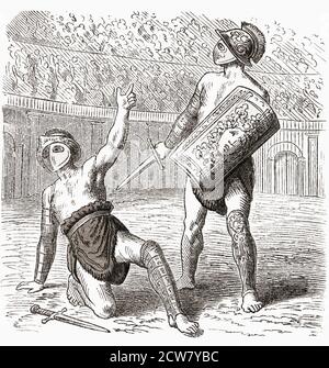 Il gladiatore sconfitto si rivolge alla folla per misericordia. Dopo un'illustrazione della metà del XIX secolo di un artista non identificato. Foto Stock