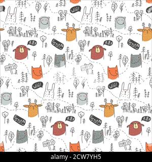 Cute Forest animali senza cuciture modello. Orso, cervo, riccio, lepre, volpe e lupo. Sfondo per bambini con cartoni animati scandinavi. Design per tessuti, tessuti, decorazioni. Illustrazione di Doodle Vector Illustrazione Vettoriale