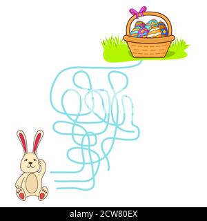 Gioco di labirinto, gioco di istruzione per bambini. La ricerca di coniglio di pasqua per uova di paniere. Illustrazione Vettoriale