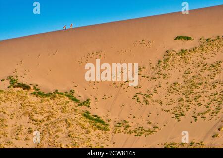 Escursionisti a Big Dune al Bruneau Dunes state Park, tramonto, regione dell'Alto deserto, Idaho, Stati Uniti Foto Stock