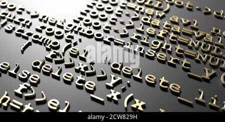 Sviluppare il codice di programmazione del software. Background astratto della tecnologia informatica. Motivo a matrice di dati digitali, algoritmi dorati in rilievo su nero. illustratore 3d Foto Stock