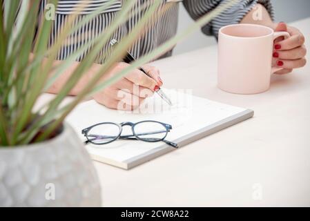 Immagine ravvicinata di una giovane operatrice che prende appunti in casa. Foto Stock