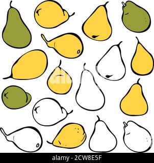 Serie vettoriale di pere e sagome verdi e gialle. Grande vettore collecetion di frutti di pera. Illustrazione Vettoriale