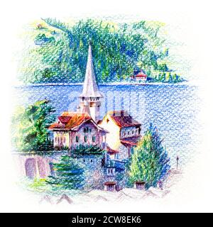Chiesa di Spiez sulla riva del lago Thun a Spiez, Svizzera. Disegno con matite colorate Foto Stock