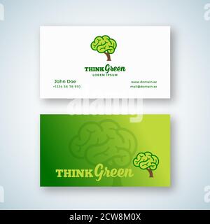 Pensare al segno vettoriale astratto verde o al logo e al modello di biglietto da visita. Brain Shape Tree Concept con tipografia. Mock-up realistico stazionario di alta qualità. Illustrazione Vettoriale