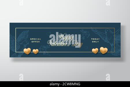 Offerta Speciale San Valentino Offerta Speciale Abstract Vector Greeting o Holiday Card. Dimensione banner. Gold Gradient e realistico Soft Shadows decorazione cuori. Mano Illustrazione Vettoriale