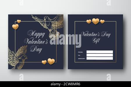 Buono regalo di benvenuto per il giorno di San Valentino Abstract Vector. Layout di progettazione anteriore e posteriore con la tipografia moderna e le illustrazioni delle colombe degli schizzi. Morbido Illustrazione Vettoriale