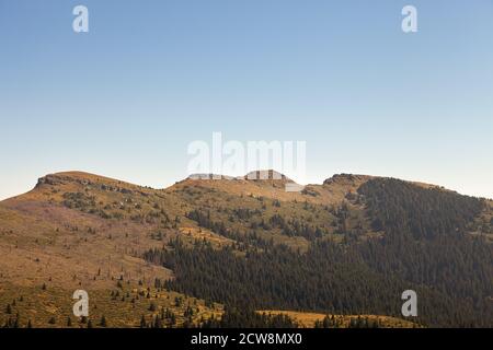 Impressionante picco pointy chiamato Tri Cuke sui monti balcanici (Stara planina) in Serbia, alleggerito da luce dorata e coperto da pinete Foto Stock