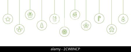 Palle di Natale appese su sfondo bianco. Baubles di festa con fiocco di neve, santa, albero di natale, renne, canna da zucchero, angelo, scatola regalo. Anno nuovo Illustrazione Vettoriale