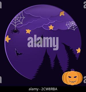 Sfondo di Halloween. Pipistrelli, alberi e una testa di zucca in un cielo scuro con le nuvole... Illustrazione Vettoriale