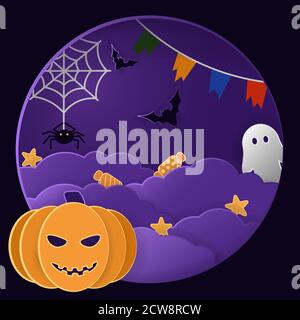 Sfondo di Halloween. Pipistrelli, un fantasma, e una testa di zucca in un cielo scuro con le nuvole... Illustrazione Vettoriale