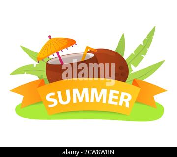 Beach cocktail cocco.Pina colada in cocco con paglia, ombrello. Illustrazione Vettoriale
