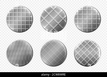 Teste per chiodi vista dall'alto, perni in acciaio con ornamento a scacchi, punte in metallo grigio con scanalature, nuovi chiodi isolati su sfondo trasparente. Illustrazione vettoriale 3d realistica, set di icone Illustrazione Vettoriale