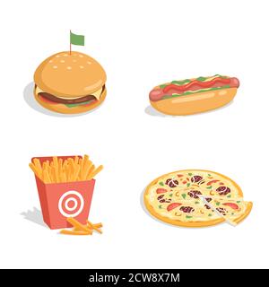 Cheeseburger, hot dog, patatine fritte, e pizza vettore piatto cartoon illustrazione isolato su sfondo bianco. Delizioso fast food. Gustosi fast food per il design di un ristorante o di un caffè. Illustrazione Vettoriale
