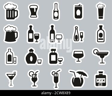 Icone bevande alcoliche Set di adesivi Bianco e nero Big Illustrazione Vettoriale