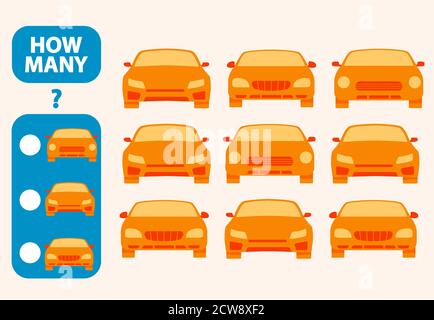 Conta quante auto giocattolo è gioco educativo. Sviluppo di attività matematiche del pensiero logico dei bambini. Illustrazione Vettoriale