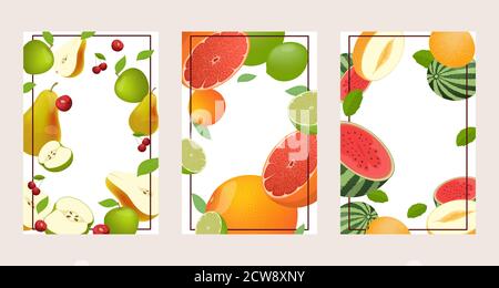 Set di tre cornici vettoriali di frutti luminosi. Lime e pompelmo, pere, ciliegie e mele, meloni e cocomeri confinano per la progettazione di un menu di ristoranti o caffè. Concetto di alimentazione sana. Illustrazione Vettoriale