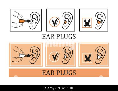 Tappi auricolari di protezione dal set di icone vettore di rumore. Istruzioni per l'uso di tappi auricolari in schiuma. Design dell'imballaggio. Proteggi dal rumore durante il viaggio, il sonno Illustrazione Vettoriale