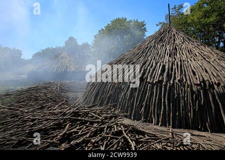 Preparazione per fare carbone da legno. Silivri, Turchia. Un palo di legno preparato per produzione di carbone in una zona boschiva. Foto Stock