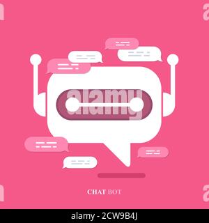 Vettore moderno flat chat bot con le icone della bolla del parlato su sfondo rosa. Illustrazione Vettoriale