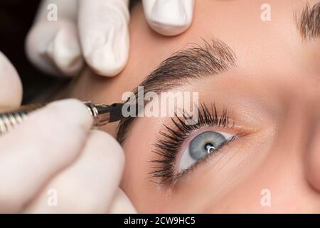 Trucco permanente sopracciglia. Cosmetologist che applica il tatooing delle sopracciglia. Primo piano. Foto Stock