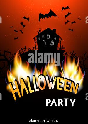 Illustrazione vettoriale con iscrizione bruciante, cabina abbandonata e testo Halloween Party sullo sfondo del cielo notturno e pipistrelli. Lett. Disegnata a mano Illustrazione Vettoriale