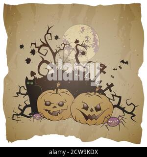 Illustrazione di Halloween vettoriale con zucche grinning, ragni e gatto nero su sfondo grunge. Illustrazione Vettoriale