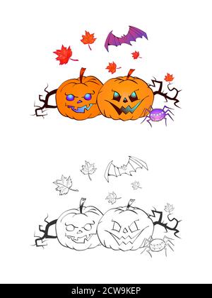 Illustrazione di Halloween con zucche sorridenti, pipistrello e ragno su sfondo bianco. Due varianti: A colori e monocromatica. Pagina di libro da colorare. Vettore. Illustrazione Vettoriale
