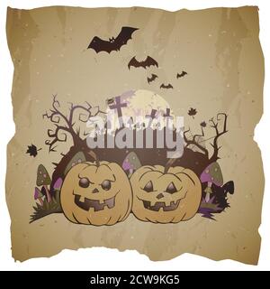 Vettore Halloween illustrazione con grinning Pumpkins, pipistrello e gatto nero su sfondo grunge. Illustrazione Vettoriale