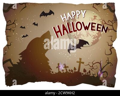 Illustrazione di Halloween vettoriale con lupo urlante e scritta disegnata a mano su vecchio sfondo di carta strappata. Illustrazione Vettoriale