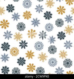 Motivo senza cuciture con simpatici fiocchi di neve dorati originali. Illustrazione Vettoriale