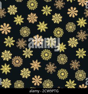 Motivo senza cuciture con simpatici fiocchi di neve dorati originali. Illustrazione Vettoriale