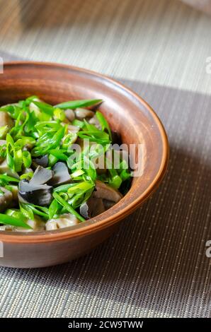 Insalata con funghi sottaceto e cipolle verdi in una ciotola di argilla. Funghi selvatici assortiti con cipolle, aglio e olio d'oliva. Cibo biologico. Opzione di servizio. Foto Stock