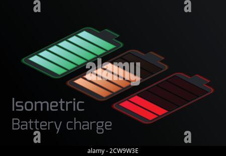 Set di vari tipi isometrici di carica delle batterie trasparenti. Elemento vettoriale per l'interfaccia del telefono cellulare, elementi del sito e il vostro progetto Illustrazione Vettoriale