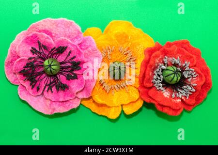 feltro fatto a mano, fiori, tre fiori di feltro su sfondo verde Foto Stock