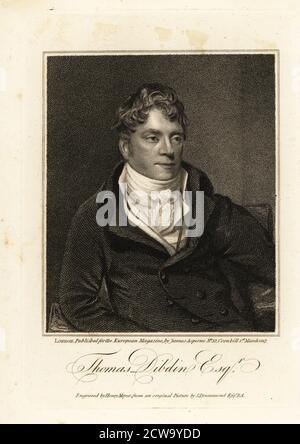 Thomas John Dibdin (1771-1841), drammaturgo e cantautore inglese della tavola di quercia e della piccola Isola. Raffigurato in alto-colletto cappotto e cravat. Thomas Dibbin Esquire. Incisione su copperplate di Henry Meyer dopo un dipinto originale di Samuel Drummond pubblicato sulla rivista europea James Asperne, 32 Cornhill, Londra, 1817. Foto Stock