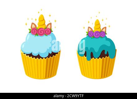 Cupcake unicorno con glassa lucida. Torte fairy in tazza di carta. Dessert gustosi con corno. Illustrazione vettoriale in simpatico stile cartoon Illustrazione Vettoriale