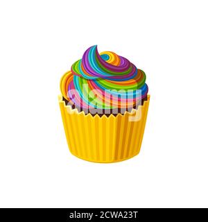 Cupcake con ghiaccio arcobaleno roteato. Gustoso muffin con crema colorata. Illustrazione vettoriale in simpatico stile cartoon Illustrazione Vettoriale