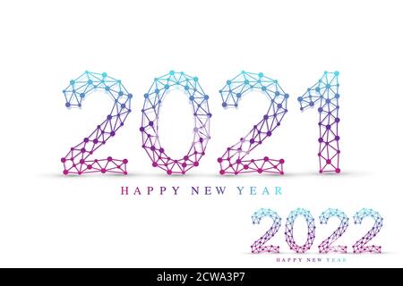 Testo design Natale e felice anno nuovo 2021, 2022 . Comunicazione grafica di fondo 2021 e 2022. Linee collegate con punti. Elemento di progettazione per Illustrazione Vettoriale