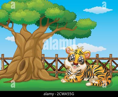 Illustrazione vettoriale della tigre animale accanto a un albero all'interno di recinzione Illustrazione Vettoriale