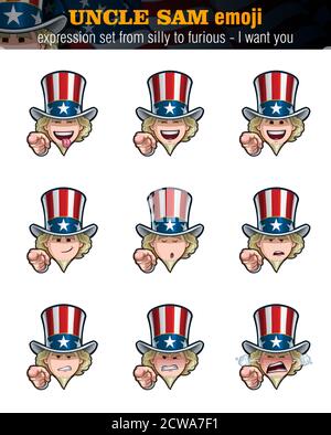 Illustrazioni vettoriali Set Cartoon zio Sam Emoji - Voglio voi. Nove espressioni, sciocco, ridendo, felice, sorridente, predicando, sereno, indivertito, arrabbiato n Illustrazione Vettoriale