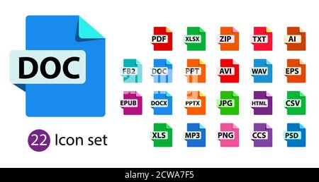 Raccolta di icone vettoriali. Icone delle estensioni del formato file. PDF, MP3 DOC ZIP Illustrazione Vettoriale