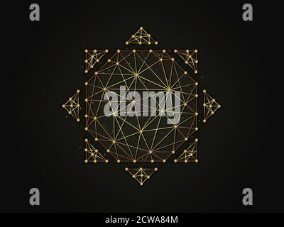 Astratto sole dorato illustrazione astratta su sfondo scuro. Modello poligonale a forma geometrica composto da linee e punti. Illustrazione Vettoriale
