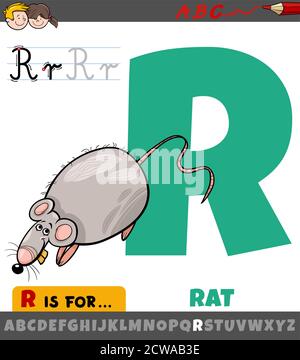 Cartoon educativo illustrazione della lettera R di Alphabet con Rat Animale per bambini Illustrazione Vettoriale