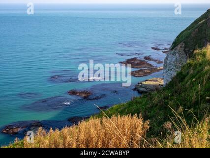 Calmo mare blu al largo di Flamborough Head, North Yorkshire, Regno Unito Foto Stock