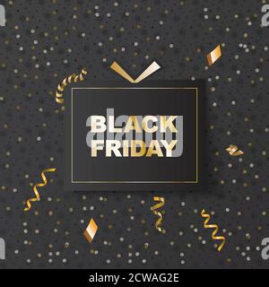 Banner di vendita Black friday. Black Friday. Regalo nero con confetti d'oro, serpentina su fondo nero Illustrazione Vettoriale