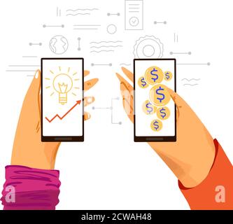 Mani umane con telefono - grafici e idee per fare soldi in linea, infografiche di affari circa soldi e guadagni con lavoro in linea su uno smartphone Illustrazione Vettoriale